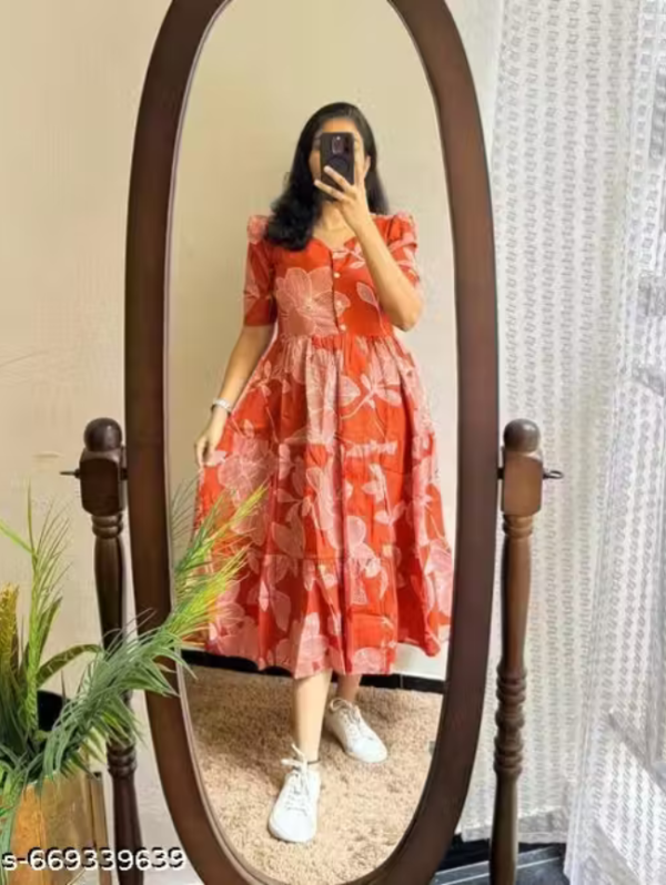 Women Rust Orange Floral Printed Midi Dress with Puff Sleeves
