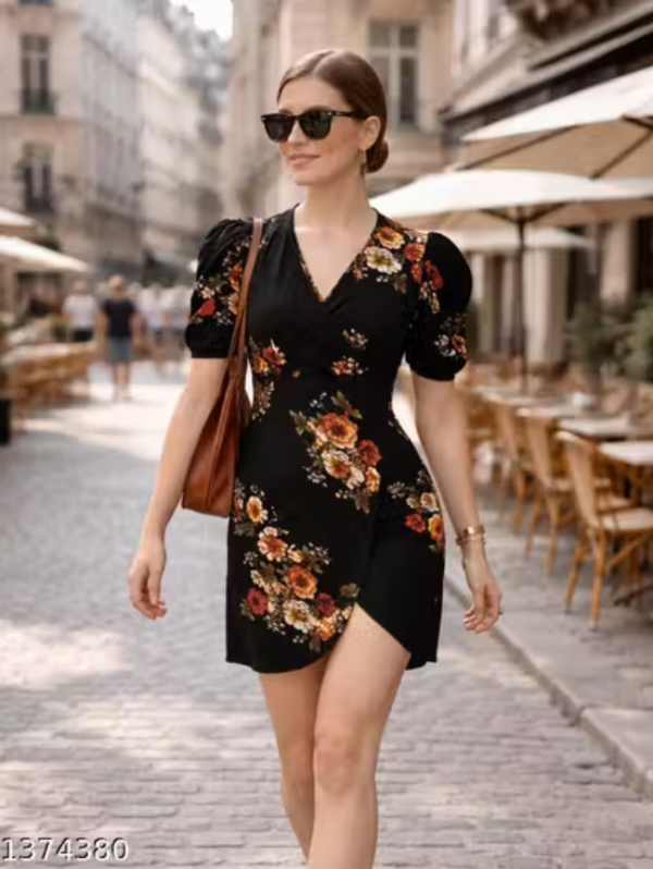 Women Black Floral Wrap Mini Dress | V-Neck Puff Sleeve A-Line Casual Party Wear Dress