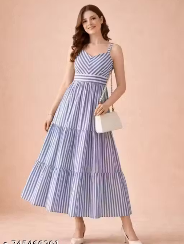 Women’s Blue Striped Sleeveless Maxi Dress with Tiered Flare
