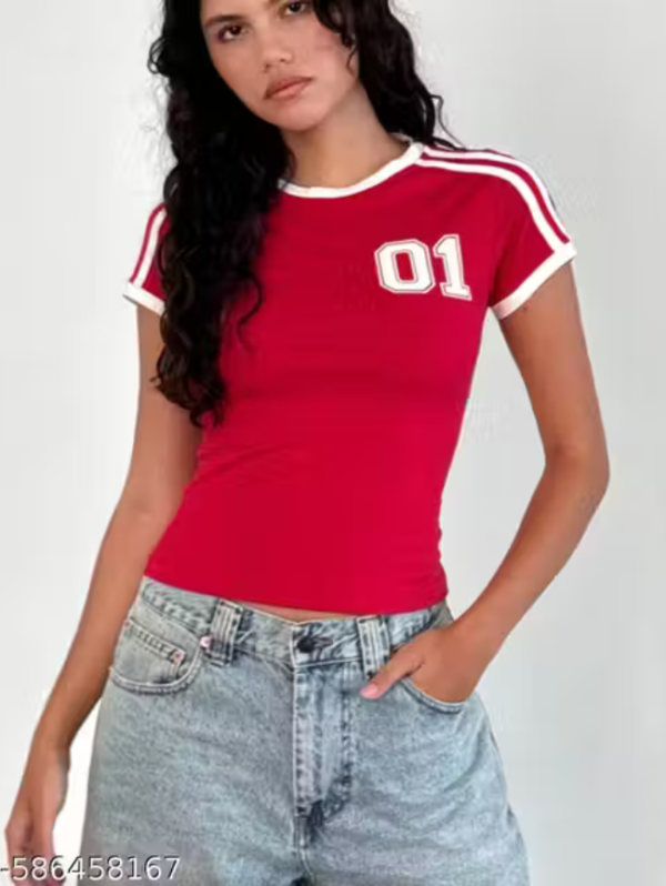 Women’s Red Slim Fit Sports-Inspired Casual T-Shirt