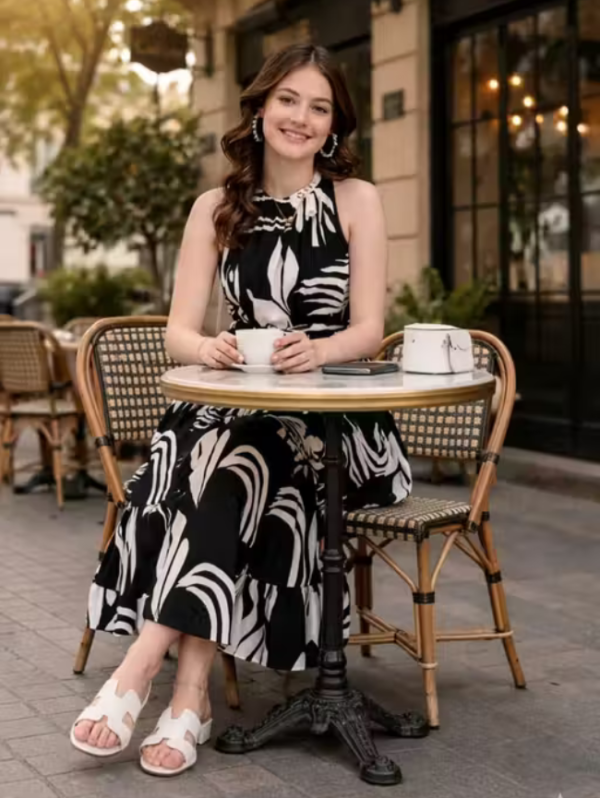 Women Trendy Black & White Printed Midi Dress | Sleeveless Fit & Flare Casual Summer Dress for Women