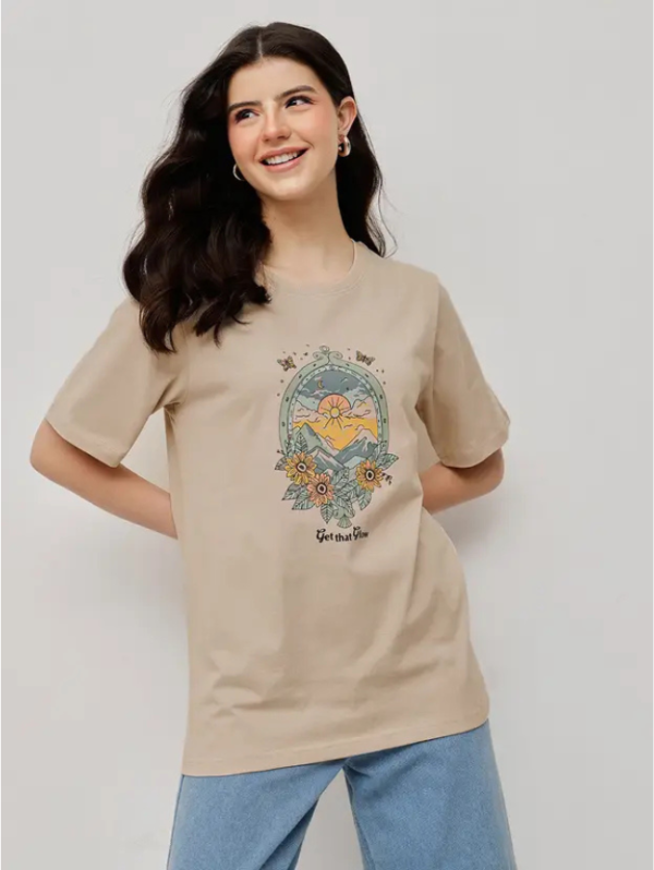 Women Printed Round Neck Pure Cotton Beige T-Shirt