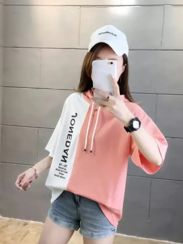 Women Typography Hooded Neck Cotton Blend Orange T-Shirt