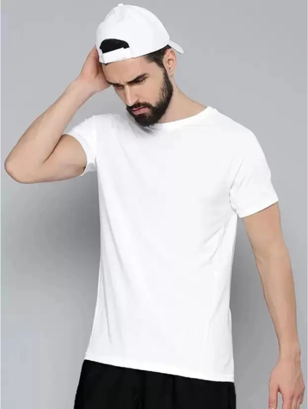 Men Solid Round Neck Polyester White T-Shirt