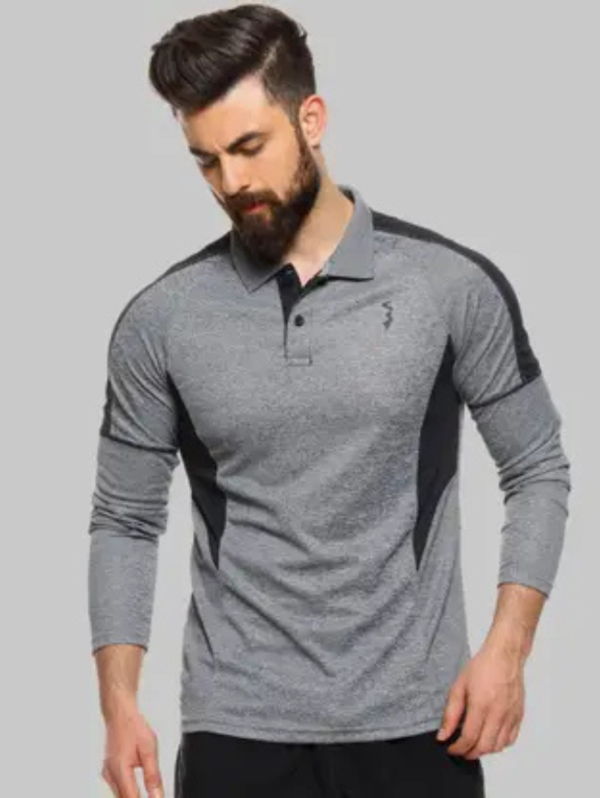 Men Solid Polo Neck Polyester Grey T-Shirt