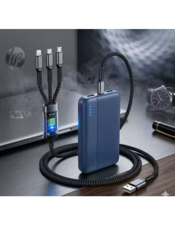 The Ultimate Power Suite: Navy Blue Slim Power Bank & Digital Display Multi-Charging Cable