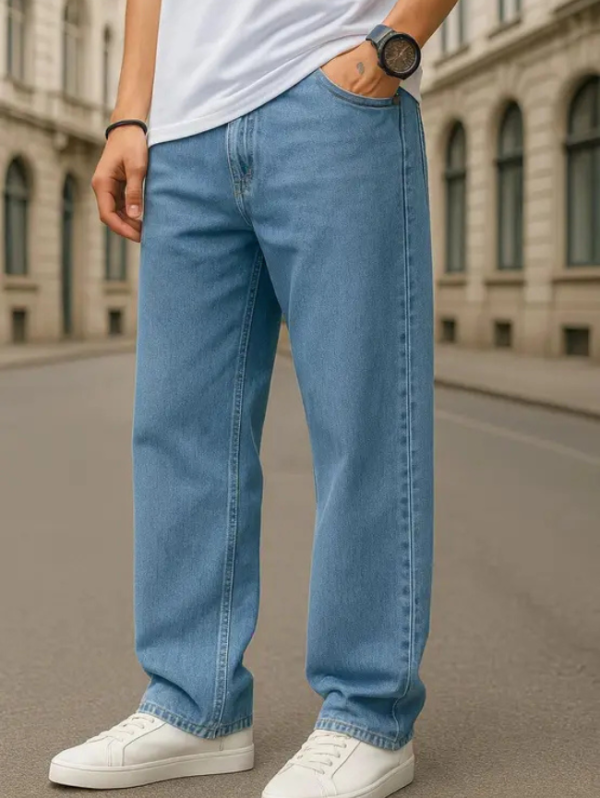 Men Loose Fit Low Rise Light Blue Jeans