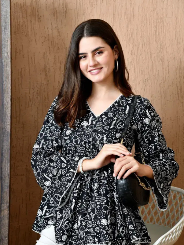 Casual Flared Sleeves Printed, Ethnic Motifs Women Black Top