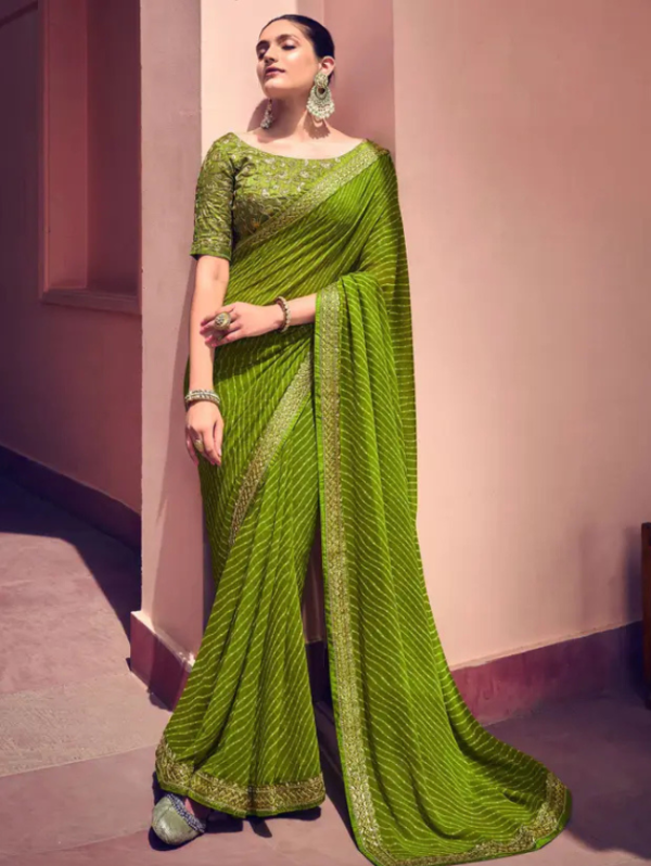 Striped, Embellished Bandhani Georgette Saree (Green, Gold)