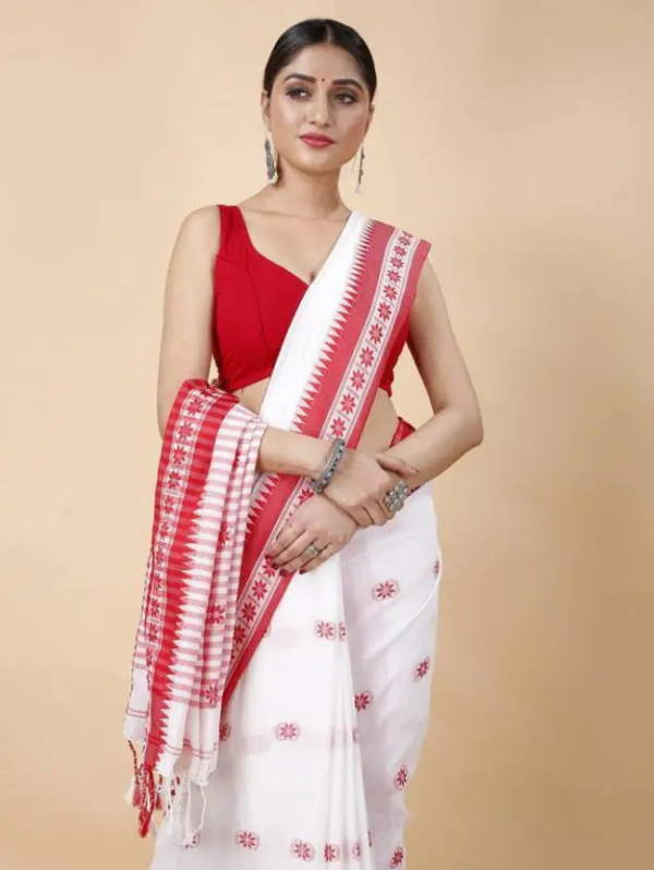 Woven Handloom Cotton Blend Saree (White, Red)