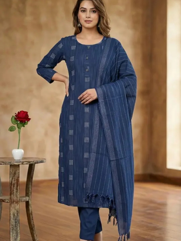 Women Khadi Cotton Kurta Pant Dupatta Set