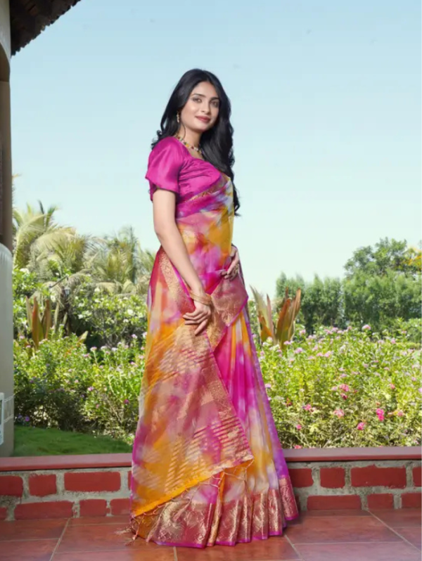 Printed Bandhani Organza Saree (Pink)