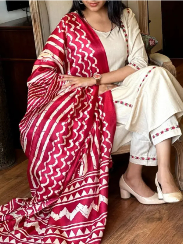 Women Khadi Cotton Kurti Pant Dupatta Set