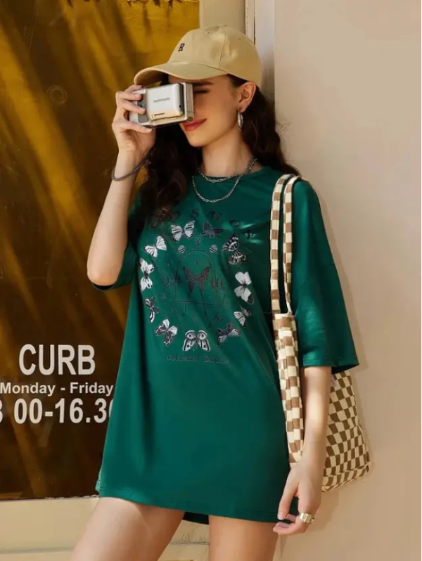 Women Printed, Typography Round Neck Pure Cotton Green T-Shirt