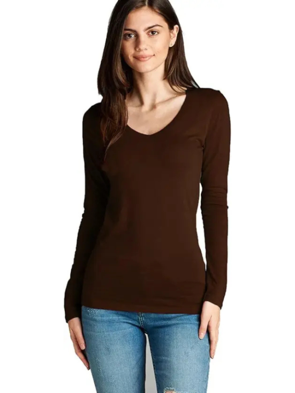 Women Solid V Neck Cotton Blend Brown T-Shirt