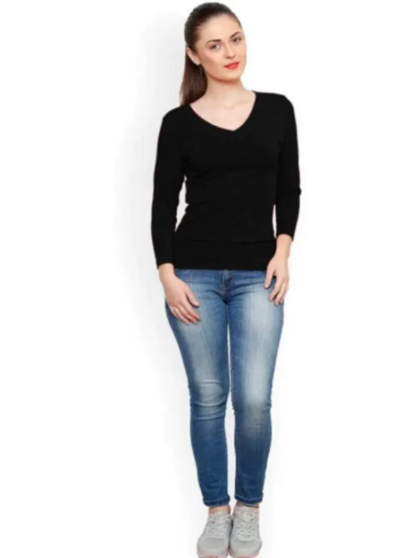 Women Solid, Self Design, Sporty V Neck Cotton Blend Black T-Shirt