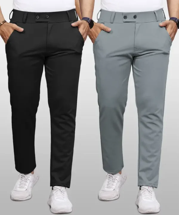 Pack of 2 Men Regular Fit Black, Grey Lycra Blend Trousers