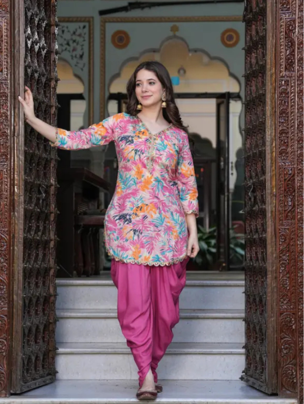 Women Cotton Rayon Kurta Dhoti Pant Set