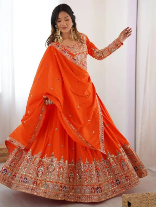 Embroidered Semi Stitched Lehenga Choli (Orange)
