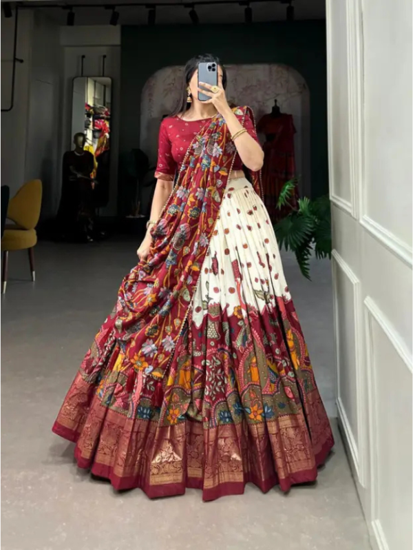Printed Semi Stitched Lehenga Choli (White, Red)