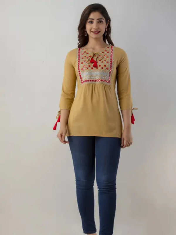 Casual Regular Sleeves Embroidered Women Beige Top