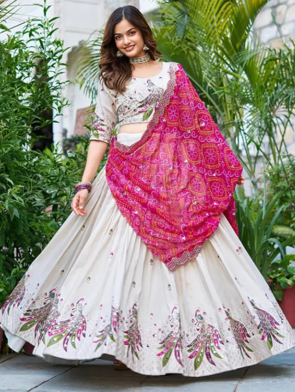 Embroidered Semi Stitched Lehenga Choli (White, Pink)